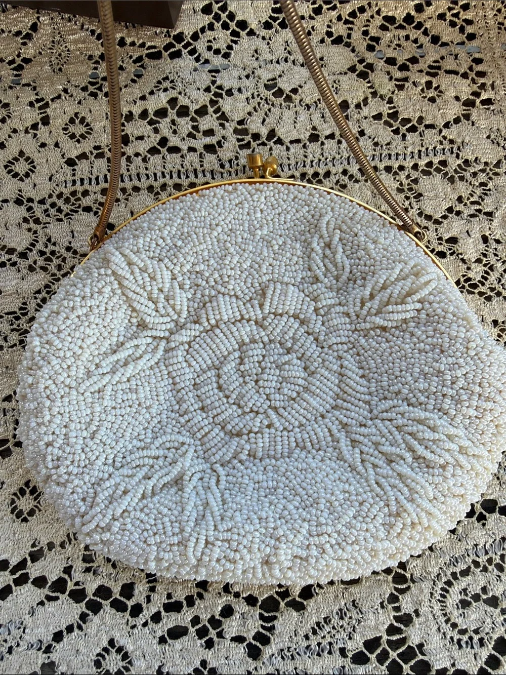 Vintage Cream Beaded Round Evening Purse – Satin Interior – 1960s–1980s